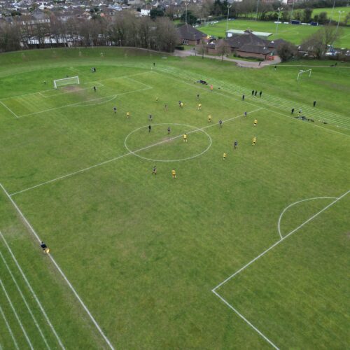 Drone image of football match at Fawcetts Field