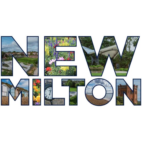 New Milton text with collage of images