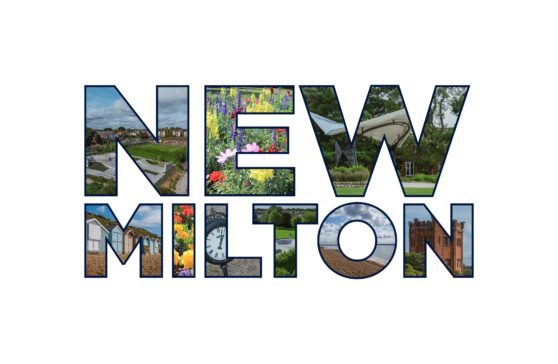 New Milton text with collage of images